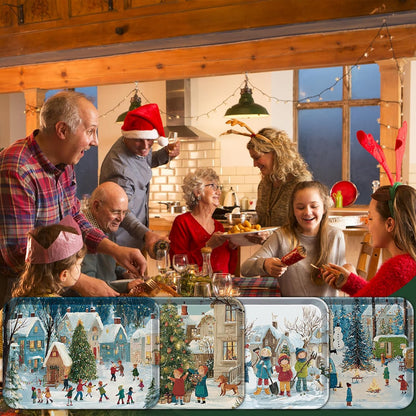 4 Pack Christmas Serving Trays, 15 x 11 Inch Melamine Holiday Platters with Winter Village, Ice Skating, and Camping Designs, Reusable Festive Trays for Snacks, Cookies, and Entertaining