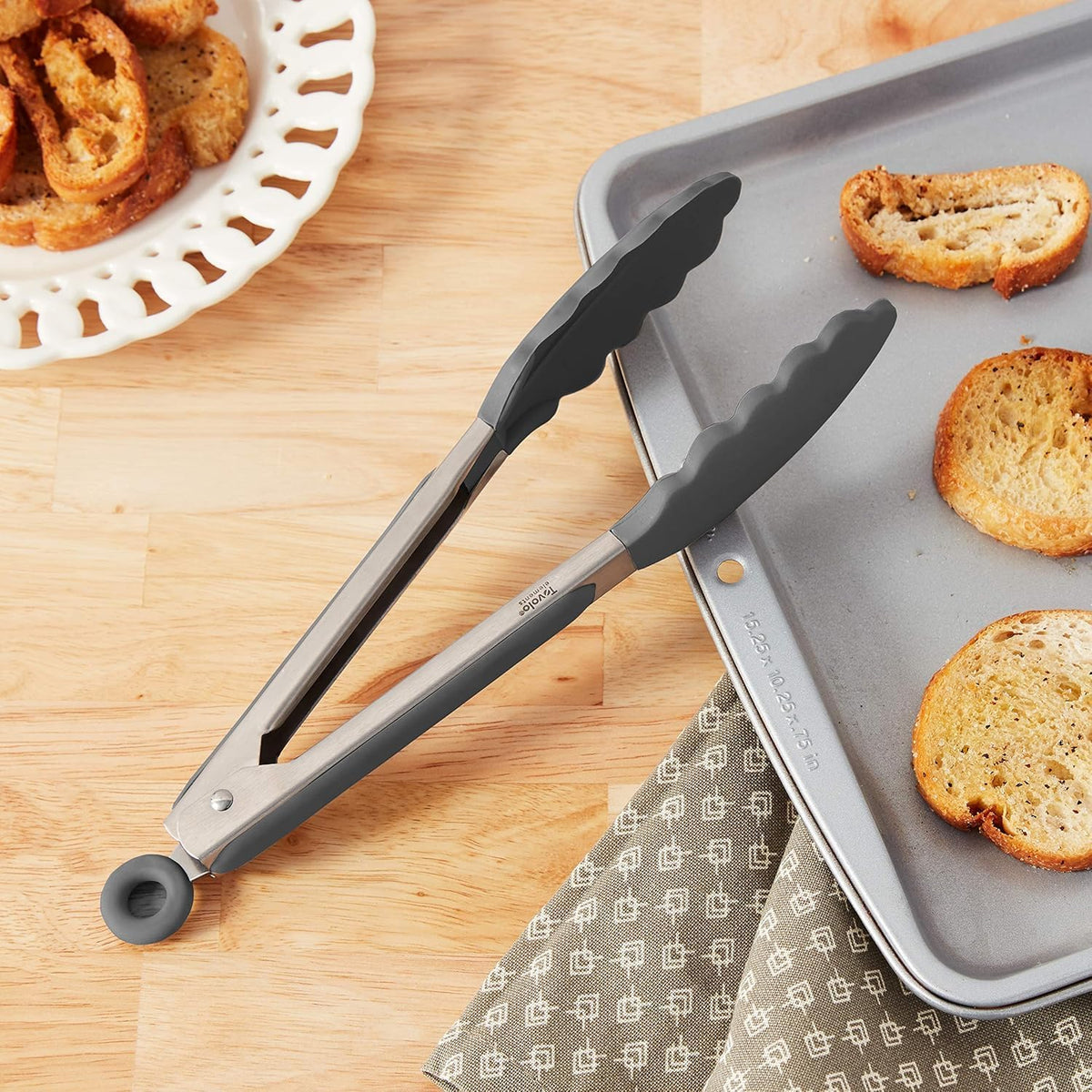 Tovolo Stainless Steel Tongs with Silicone Tips Set of 3 Mini 7” 9” 12 Inch with Easy Lock Mechanism for Cooking Grilling Air Fryer Serving, Red Black Charcoal Gray Heat Resistant Kitchen Tongs