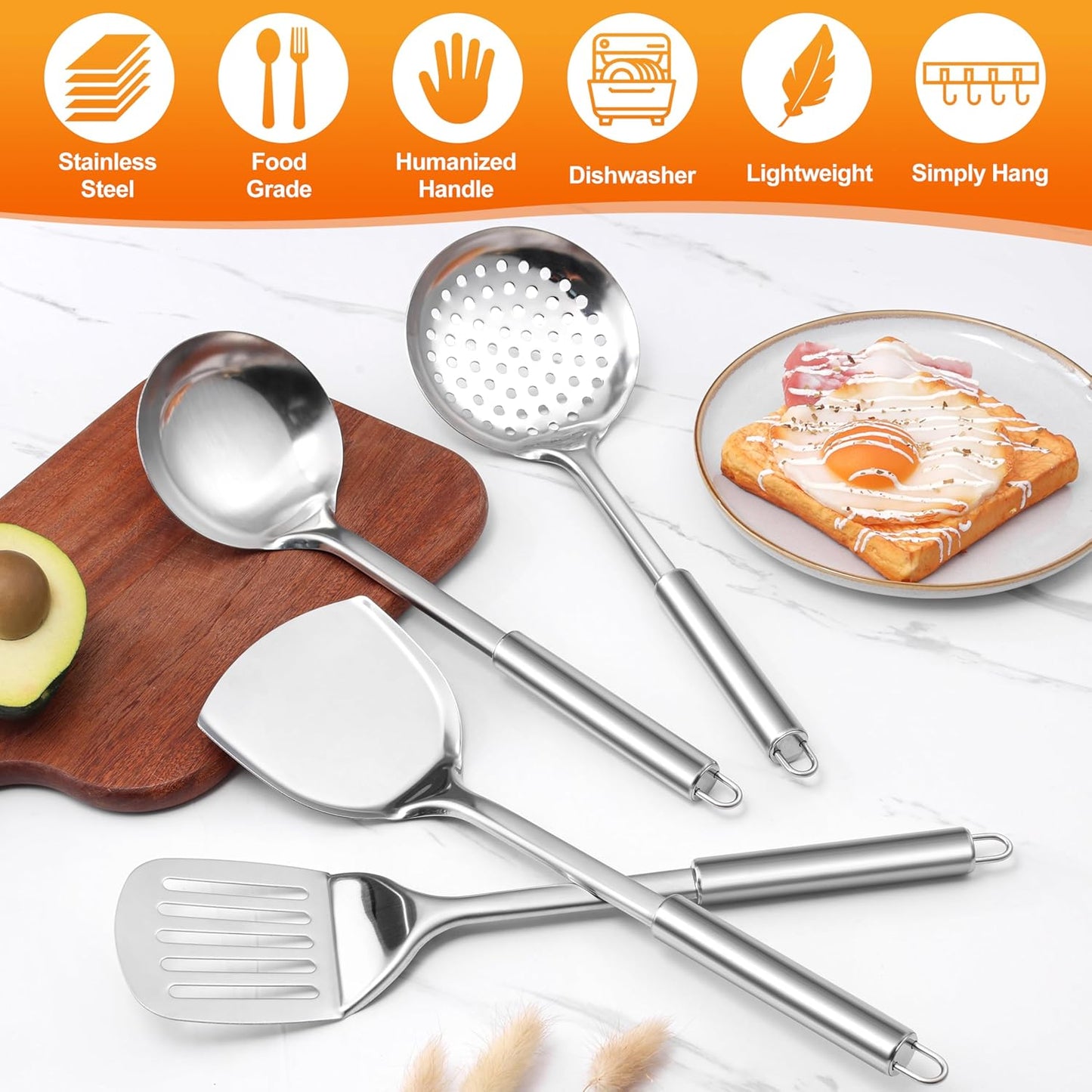 E-far Cooking Utensils Set, 10-Piece Stainless Steel Kitchen Utensils with Holder, Metal Heat Resistant Kitchen Cookware Tool Spatula Set for Cooking, Easy Clean & Dishwasher Safe