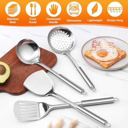 E-far Cooking Utensils Set, 10-Piece Stainless Steel Kitchen Utensils with Holder, Metal Heat Resistant Kitchen Cookware Tool Spatula Set for Cooking, Easy Clean & Dishwasher Safe