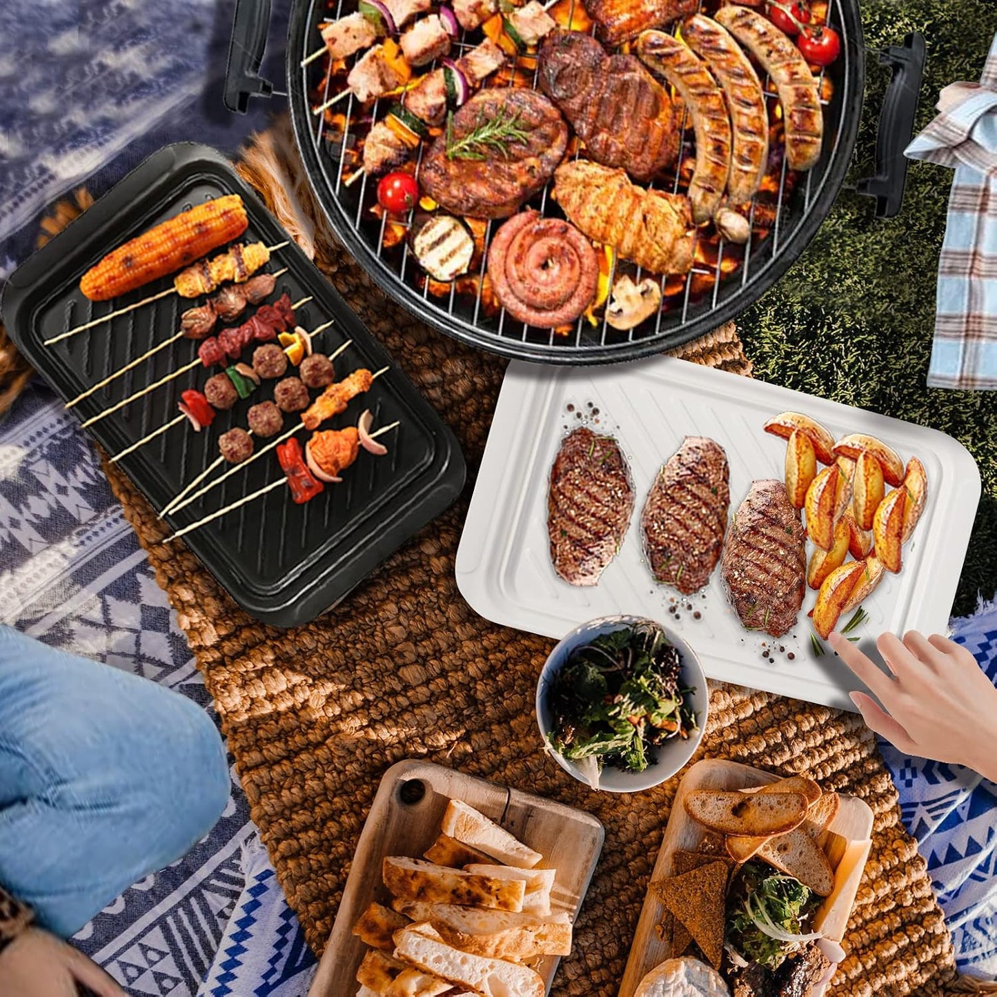 TP Grilling Prep and Serve Trays, 17 x 10.5 inch BBQ Trays for Cooked and Raw Foods, Set of 2 Melamine Serving Platters for Meats, Grill Accessories, Black and Red