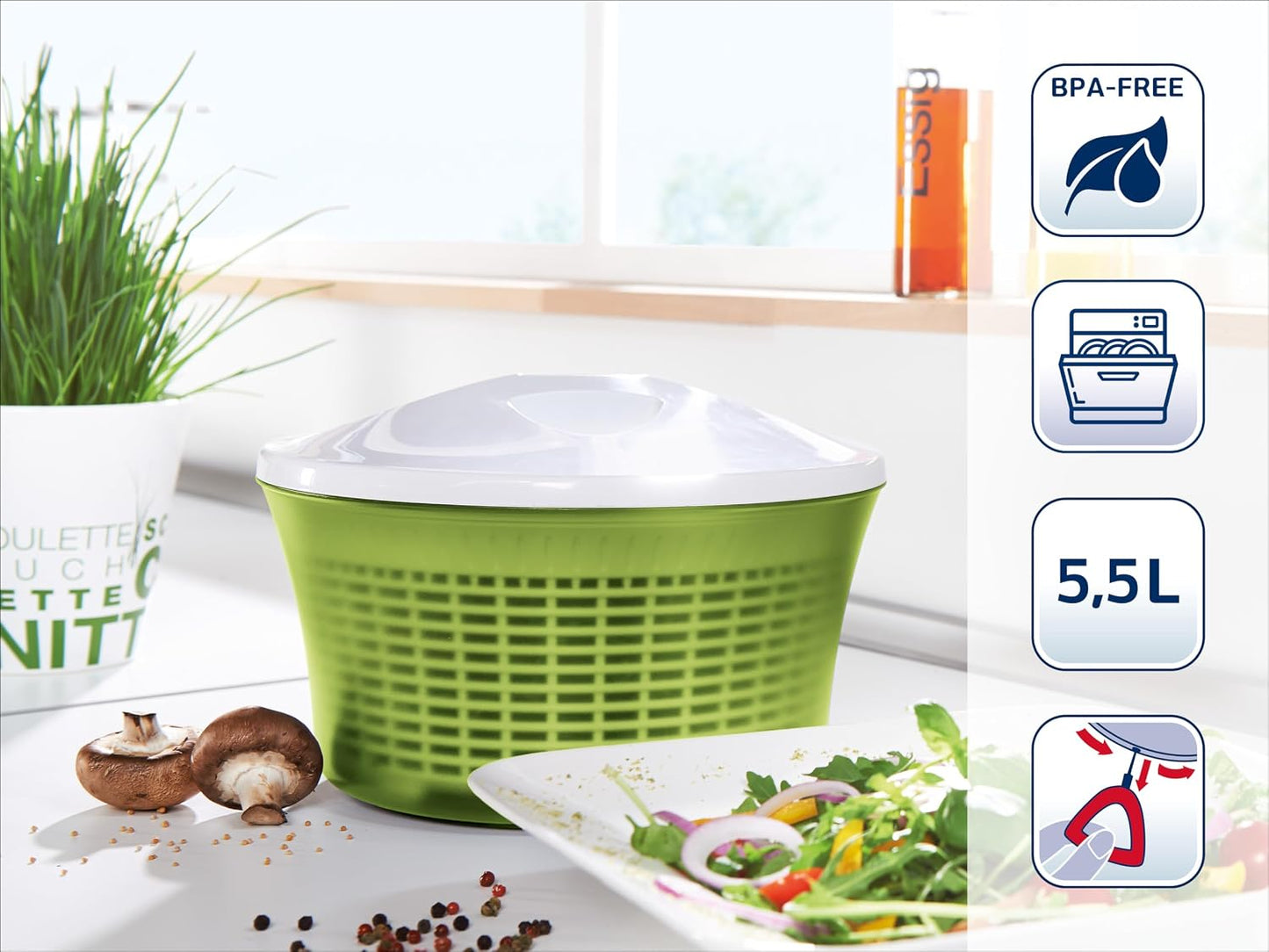 Leifheit Comfortline Signature Salad Spinner – Ergonomic Left/Right-Handed Spin, Non-Slip Base, Fast Gentle Drying, Multi-Use Bowl for Serving, Durable Hygienic White Plastic Design