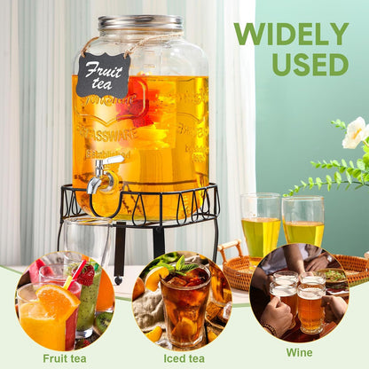 FillTouch 3 Gallon Drink Dispenser with Stand Glass Beverage Dispenser Drink Dispensers with Lid 18/8 Stainless Steel Spigot for Picnics, BBQ, Parties and Daily (Chalkboard Style,Metal Stand)