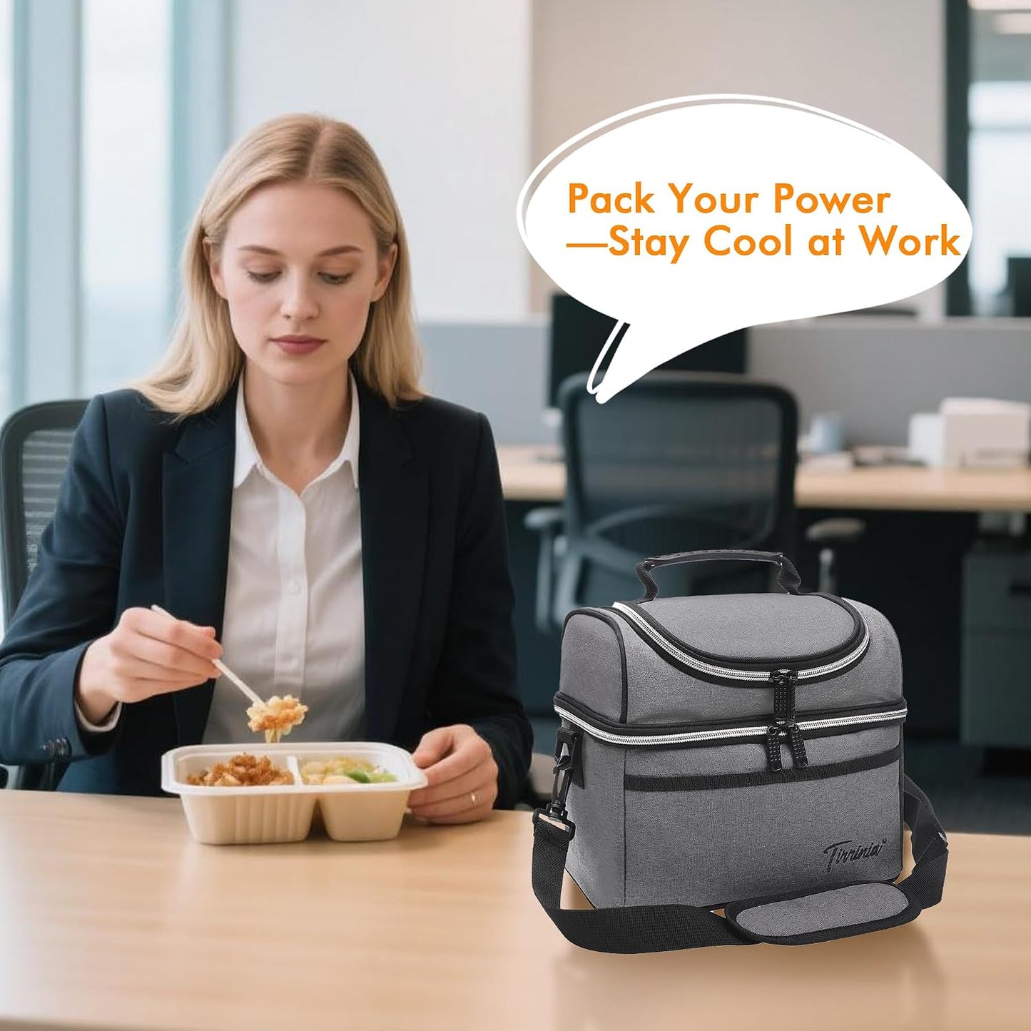 Tirrinia Reusable Lunch Box for Men Women, Insulated Lunch Bag Adult Work, Double Decker Leakproof Lunchbox for Office Picnic Beach—Dual Compartment Lunch Cooler Bag