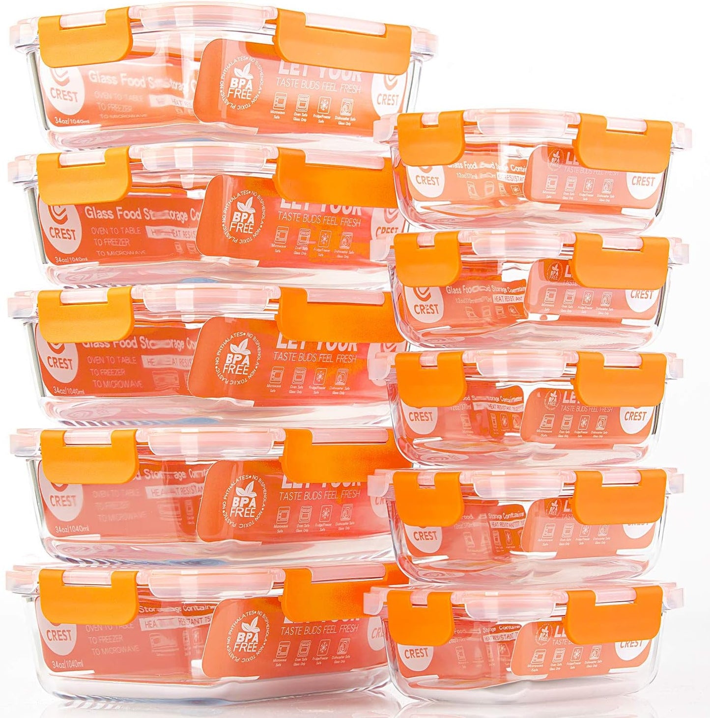 C CREST [10 Pack] Glass Meal Prep Containers, Food Storage Containers with Lids Airtight, Glass Lunch Boxes, Microwave, Oven, Freezer and Dishwasher Safe