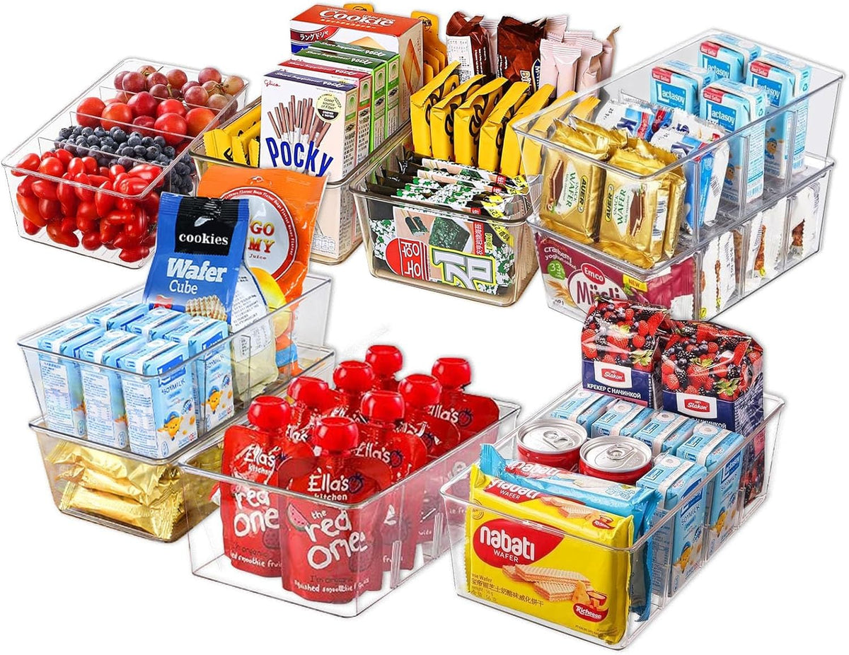 4PCS Food Storage Organizer Bins Clear Plastic Removable Snack Organizer Pantry Organization Storage Racks with Removable Divider,Perfect for Kitchen,Fridge,Cabinet,Bathroom Organization
