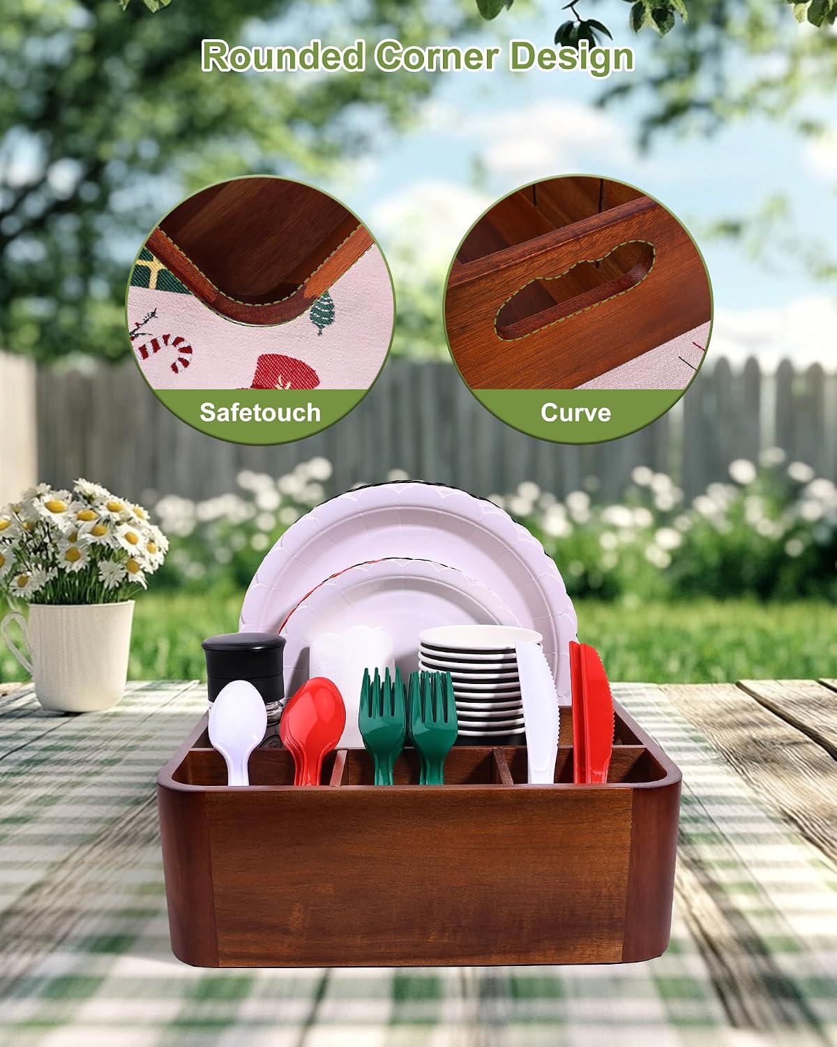 Acacia Wood Utensil Holder, Silverware Organizer Caddy with 4 Anti-Slip Pads, 5 Removable Dividers Utensil Organizer for Kitchen Counter, Party, and Picnic