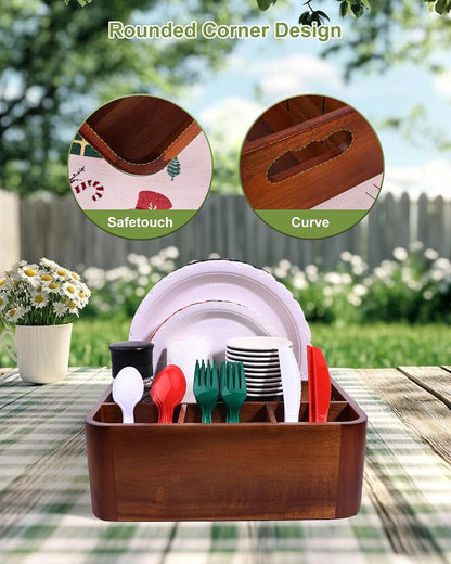 Acacia Wood Utensil Holder, Silverware Organizer Caddy with 4 Anti-Slip Pads, 5 Removable Dividers Utensil Organizer for Kitchen Counter, Party, and Picnic