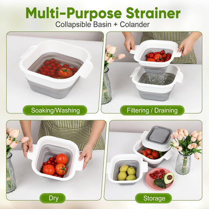 ROTTOGOON Collapsible Colander Set with Strainer Bowl, 2 in 1 Fruit Washing Basket with Strainer, 5 + 3 QT Plastic Colanders for Kitchen, Foldable Double Layered Colanders Bowl for Vegetable, Grey