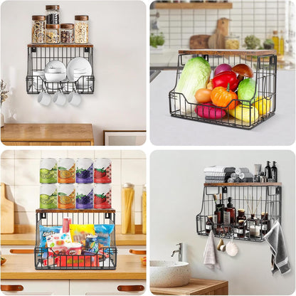 Livabber Fruit Basket for Kitchen, Metal Fruit Vegetable Storage Bin with 2 Banana Hangers, Countertop Wire Basket Organizer for Snack Potato Onion, Screw Mounted or Stand (Black, 1 Pack)