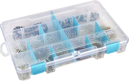 ArtBin 6944AG Medium Anti-Tarnish Box with 15 Removable Dividers, Jewelry & Craft Organizer, 1 Plastic Storage Case with Anti-Tarnish Technology, Clear with Aqua Accents 10.875” x 7.0” x 1.75”