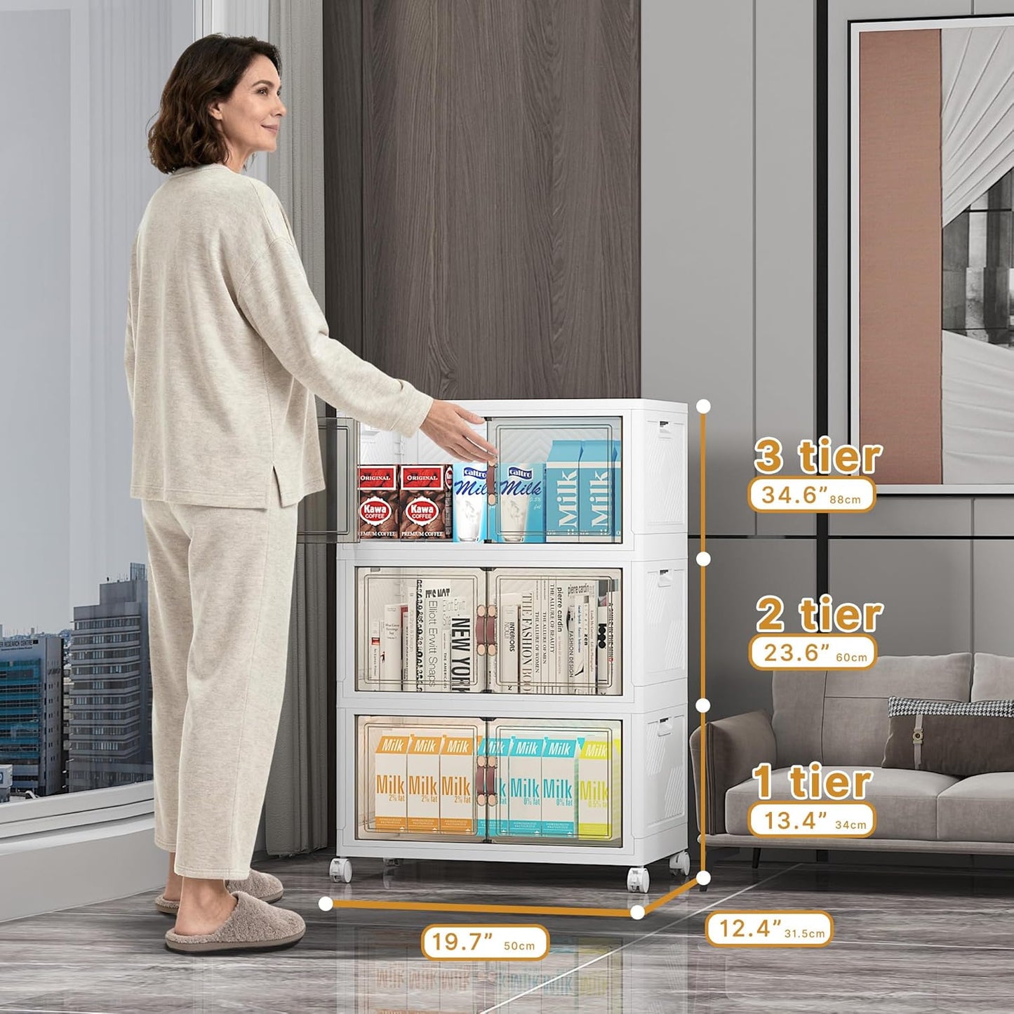 UAMFURI 720QT Stackable Storage Bins with Lids, Extra Large Storage Cabinet with Doors and Wheels, Collapsible Plastic Storage Box for Bedroom Dorm Office Garage