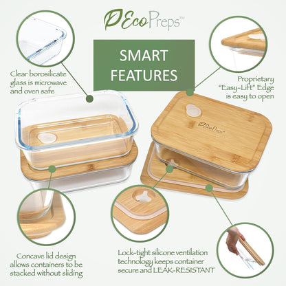 Glass Meal Prep Containers with Bamboo Lids (3 Pack) - 100% Plastic Free, Eco-Friendly Lunch Containers, Bamboo Lid Storage Container Set - Microwave Safe Glass Food Storage Container Set