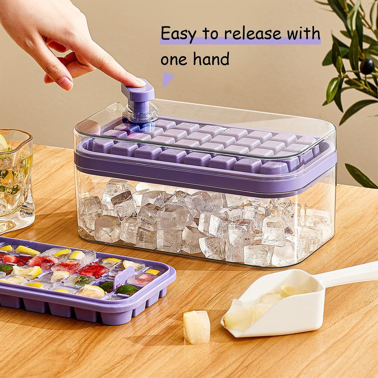 Ice Cube Tray with Lid and Bin, 2 Pack Ice Cube Trays for Freezer, 64 Pcs Ice Cube Mold, Press Button Easy Release Ice Tray, Small Ice Cubes Maker for Drinks(Green)