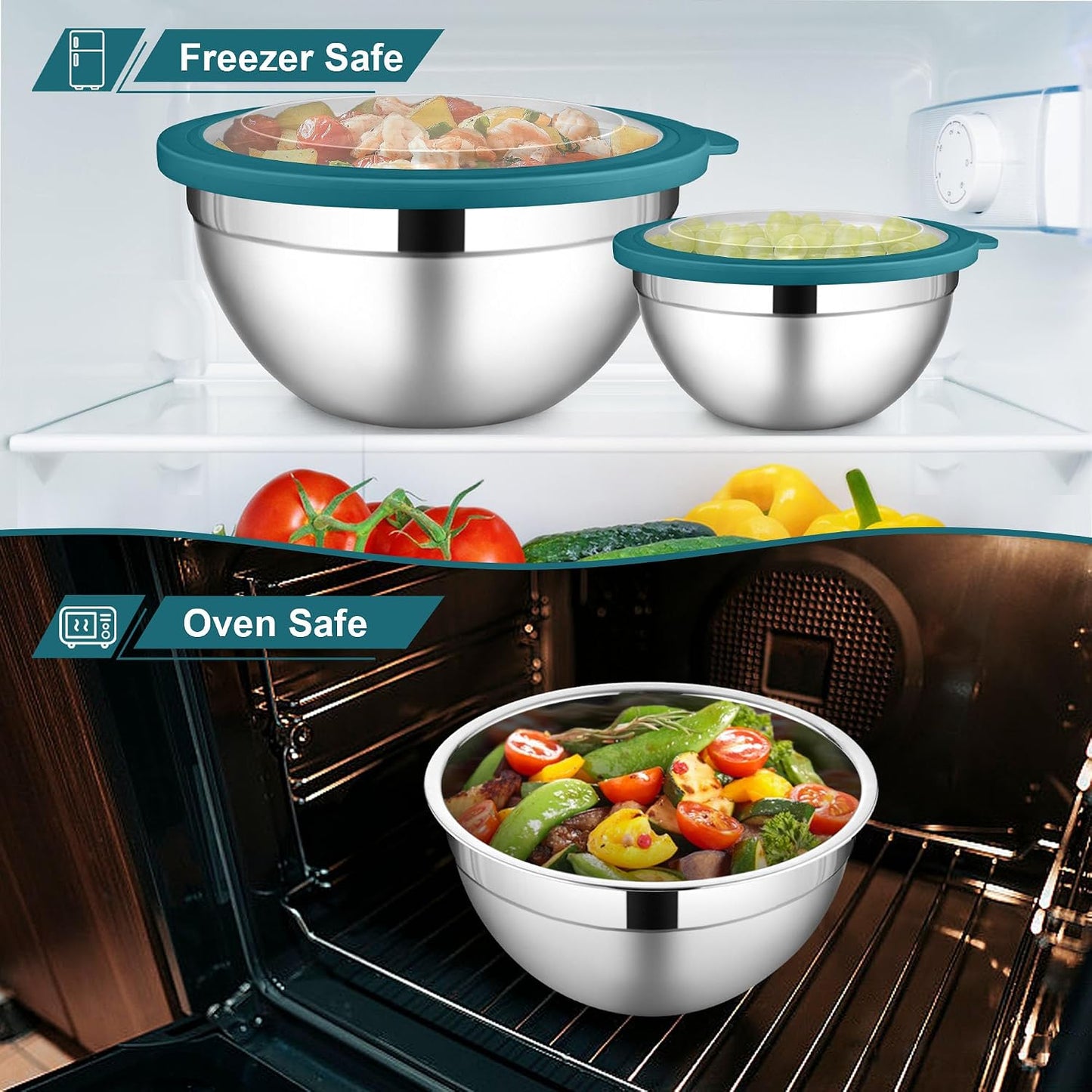LIANYU Stainless Steel Mixing Bowls Sets of 6, Large 7, 3.5, 2.5, 2, 1.5, 1QT Size with Transparent Airtight Lids, Metal Nesting Serving Bowl Sets for Home Kitchen, Dishwasher & Freezer Safe, Black