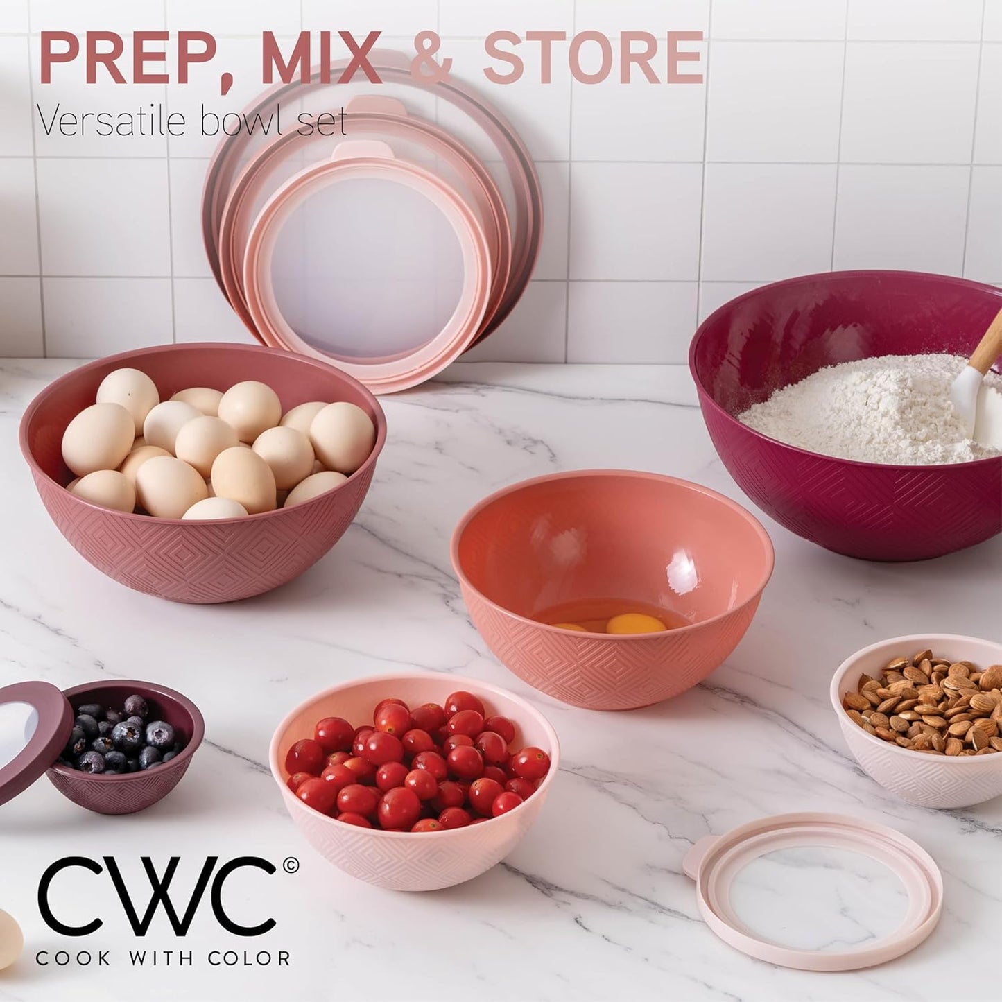 COOK WITH COLOR Mixing Bowls with Lids - 12 Piece Plastic Nesting Bowls Set includes 6 Prep Bowls and 6 Lids, Microwave Safe Mixing Bowl Set, Pink Embossed - Colors B