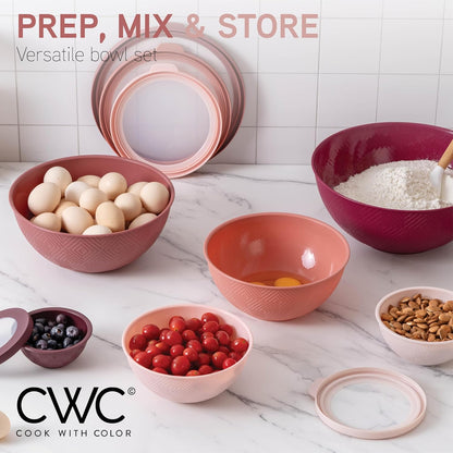 COOK WITH COLOR Mixing Bowls with Lids - 12 Piece Plastic Nesting Bowls Set includes 6 Prep Bowls and 6 Lids, Microwave Safe Mixing Bowl Set, Pink Embossed - Colors B