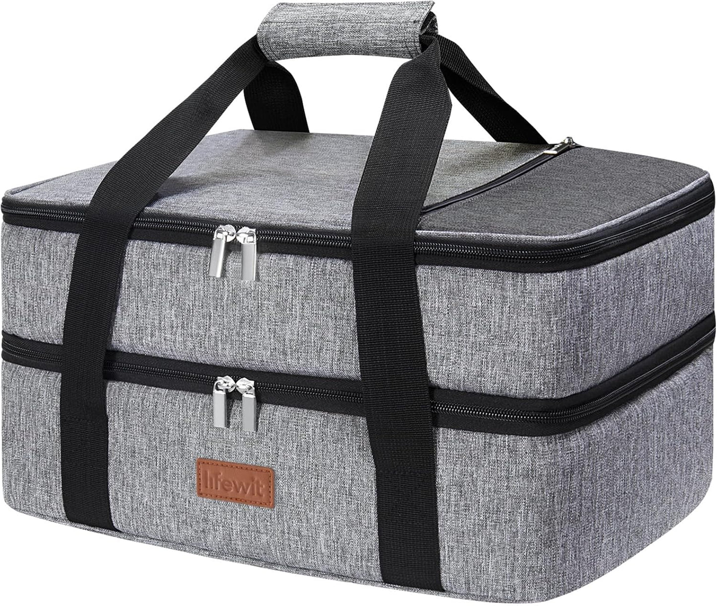 Lifewit Insulated Double Decker Casserole Carrier for Hot or Cold Food, Casserole Dish Carrying Case, Lasagna Holder for Potluck Parties, Picnic and Cookouts, Fits 9"x13" Baking Dish, Grey