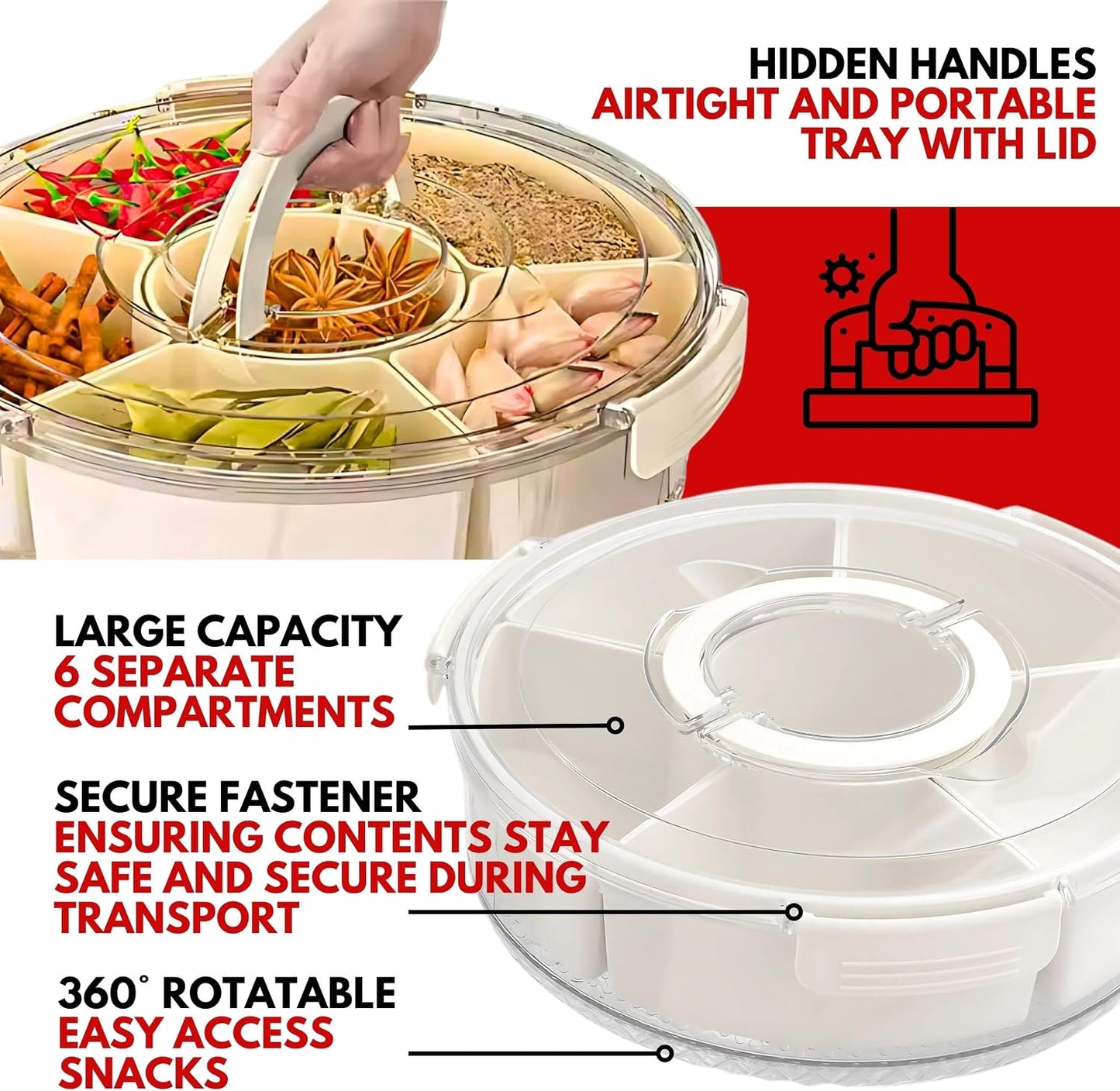 12" Divided Rotating Serving Tray with Lid and Handle — Clear Snack Spinner Organizer and Storage 12 Inch Portable Snackle Box for Fruits Snacks Veggie Charcuterie with 6 Compartments