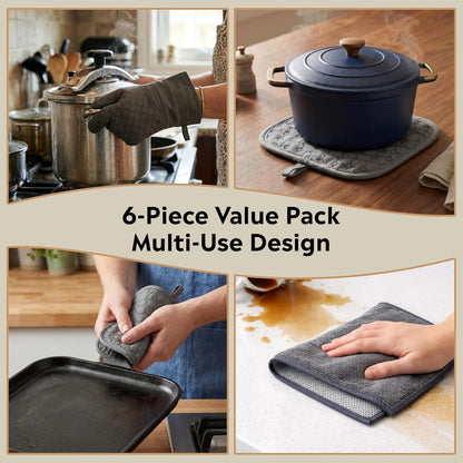 Silicone Oven Mitts and Pot Holders Sets 6 Piece for Kitchen