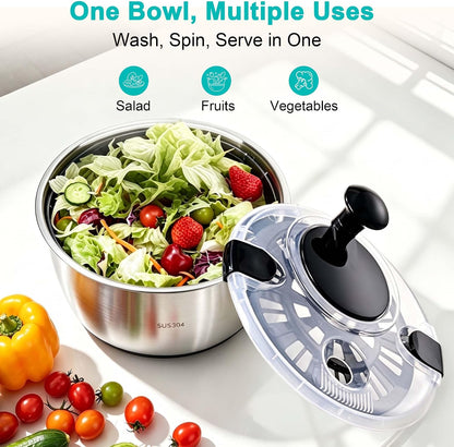 5.3QT Stainless Steel Salad Spinner, Large Lettuce Spinner & Vegetable Washer with Hand Crank, Locking Lid and Non-Slip Base, BPA-Free Salad Dryer for Fruits & Vegetables