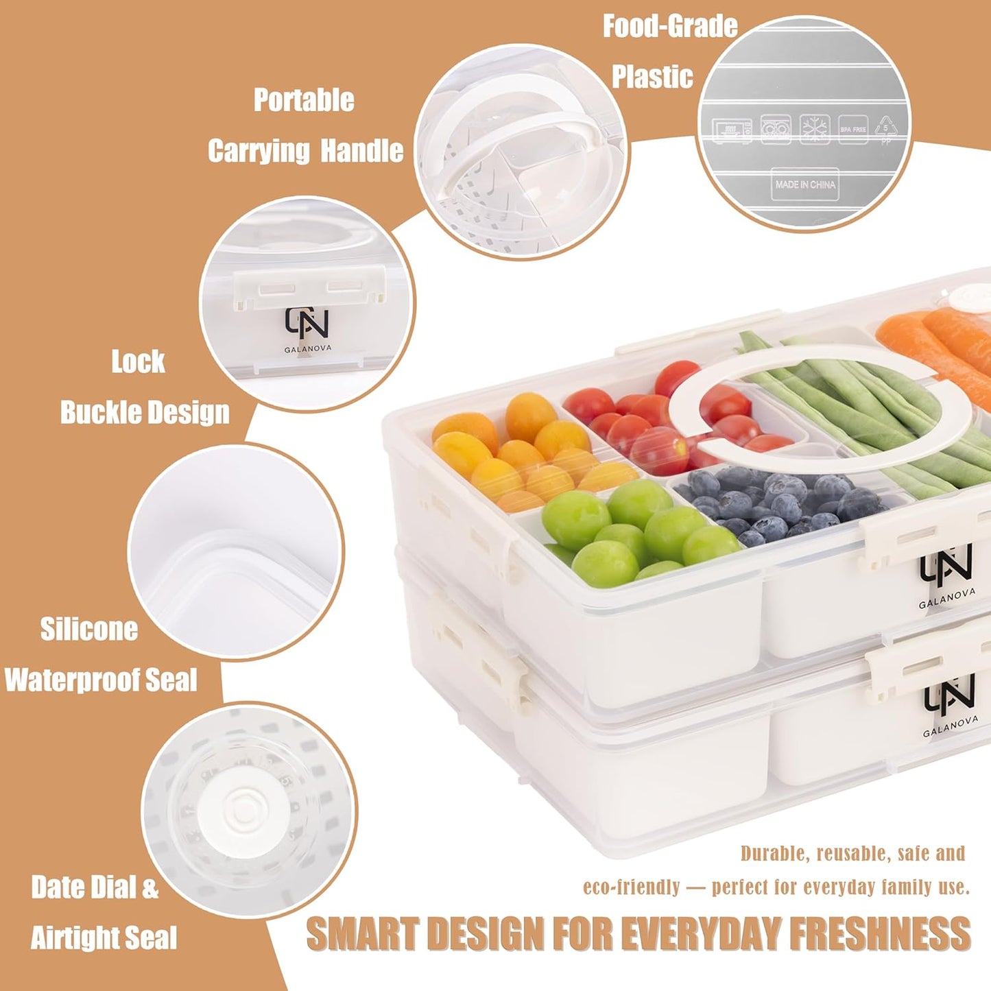 Snackle Box Container - 10 Compartments Including 2 XL, Dishwasher & Microwave Safe, Divided Serving Tray with Lid and Handle, BPA-Free, snack box (1 PCS, White, 1 Box with 2 XL Compartments)