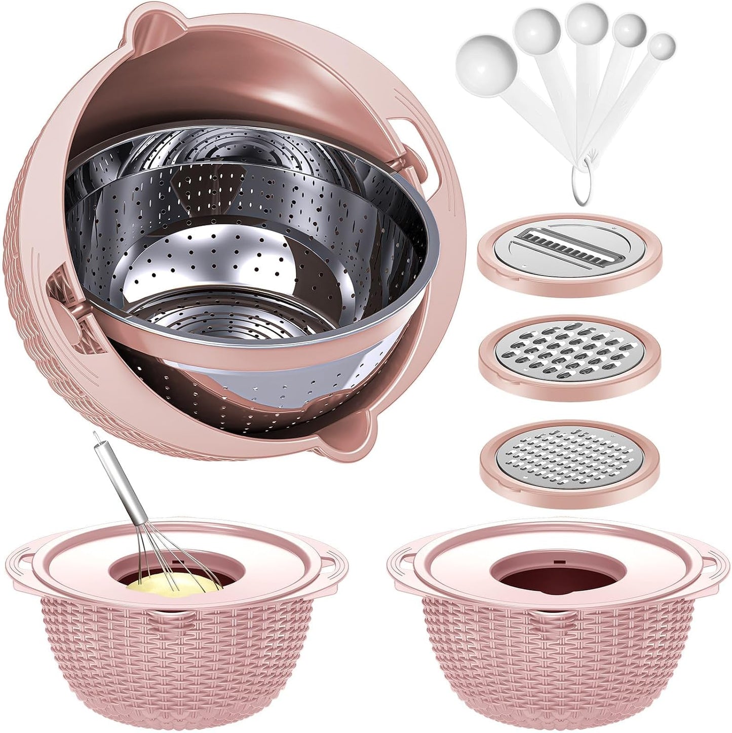 4-1 Colander with Bowl & Spoons Set - Rotatable Colander for kitchen with New Upgraded Graters, Food Strainer(Patented) for Pasta, Fruits, Vegetables, Funny Presents for Women, Beige