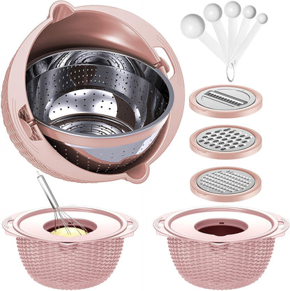 4-1 Colander with Bowl & Spoons Set - Rotatable Colander for kitchen with New Upgraded Graters, Food Strainer(Patented) for Pasta, Fruits, Vegetables, Funny Presents for Women, Beige
