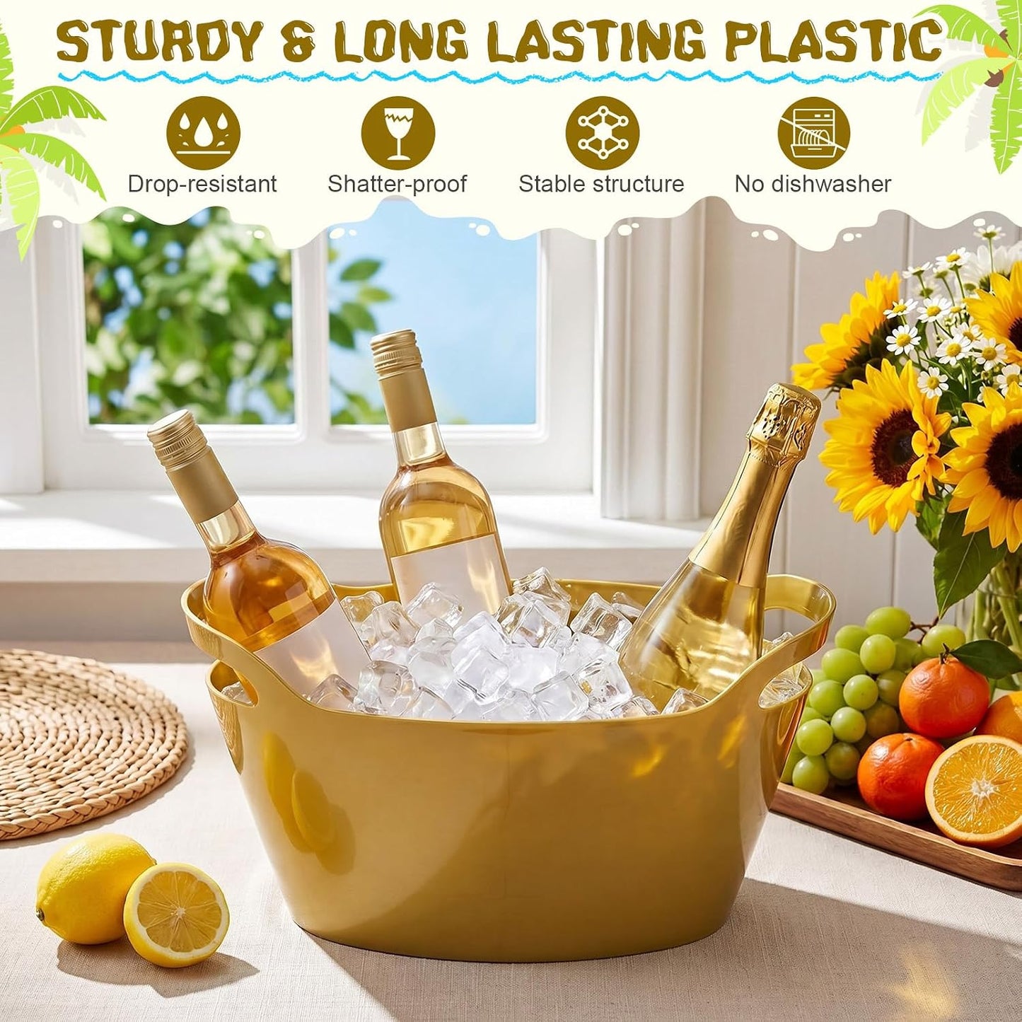 meekoo 6 Pack 6l Ice Bucket for Parties, Plastic Beverage Tub with Handles, Portable Ice Drink Bucket for Wine, Champagne, Beer, Cocktail, Large Drink Chiller for Wedding, Bar, Picnic, Pool(White)