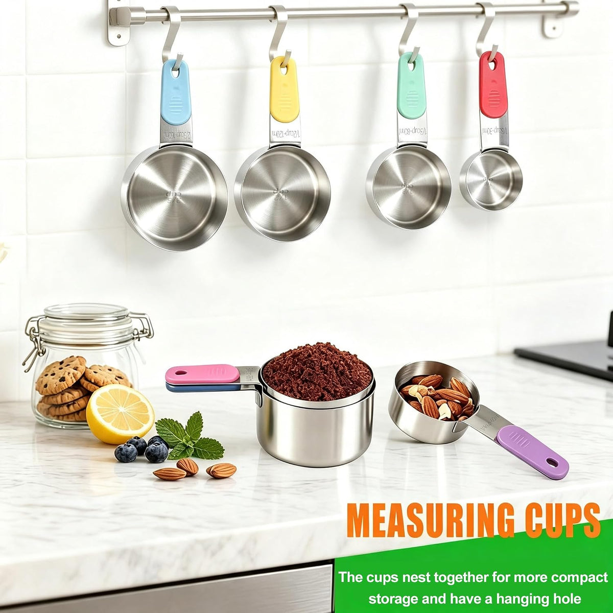 Magnetic Handles Stainless Steel Measuring Cups, Black, Kitchen Gadgets for Measure Liquid and Dry Ingredients, Cooking & Baking