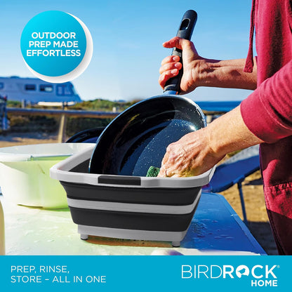 BIRDROCK HOME Collapsible Large BBQ Prep Tub w/Cutting Board, Multi-Function Grill Caddy w/Colander & Lid, Portable Silicone Dish Bowl for Picnic, Tailgate, Camping - Black