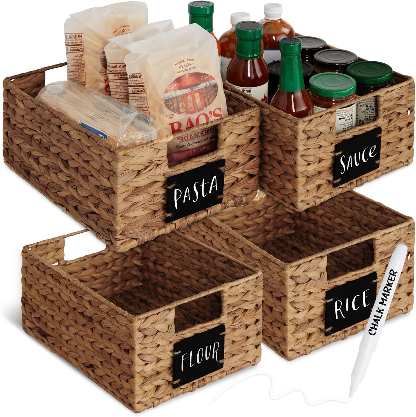 Best Choice Products Set of 4 9x12in Water Hyacinth Pantry Baskets, Woven Organizers w/Chalkboard Label, Chalk Marker - Natural