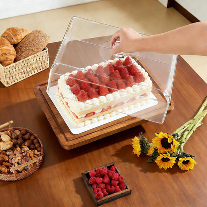 17" Rectangular Acacia Wood Cake Stand with Acrylic Lid, 2-in-1 Dessert Display & Charcuterie Board Serving Tray for Cheese Fruit Cupcake Party Wedding