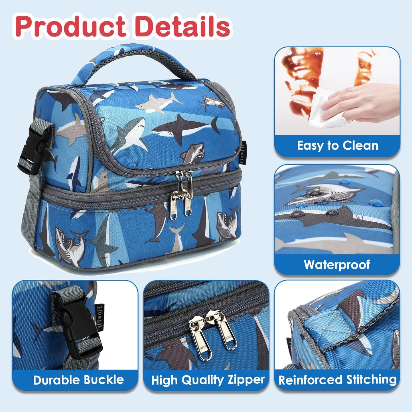 FlowFly Kids Double Decker Cooler Insulated Lunch Bag Large Tote for Boys, Girls, Men, Women, With Adjustable Strap, Unicorn