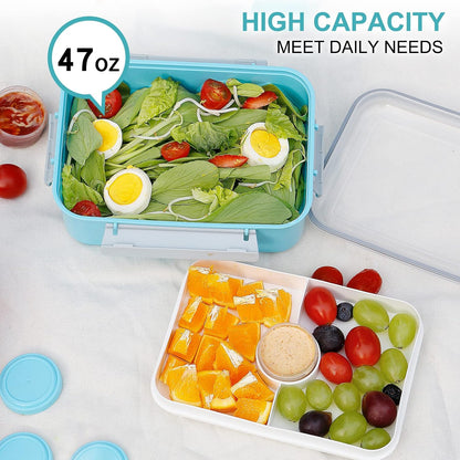 3 Pack Salad Lunch Box Food Storage Containers, 47oz Bento Box To Go Container with Lids, Reusable Meal Prep Containers with Removable Tray & Dressing Pots for Kids and Adults, Microwave Safe