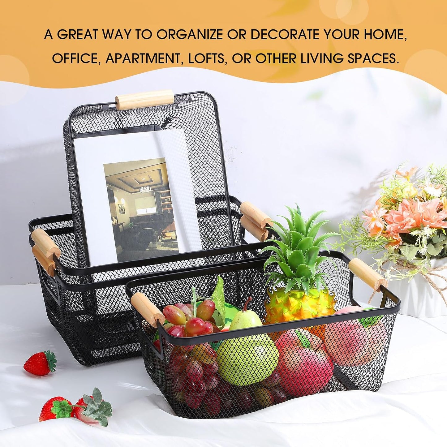 Ziliny 4 Pcs Metal Mesh Wire Baskets with Wooden Handles for Organizing, Pantry Organizers and Storage Steel Bin Kitchen Baskets for Fruit Potato Onion Snacks Bathroom Cabinet(Medium,Cream White)
