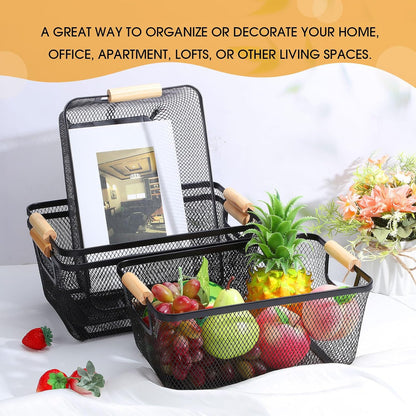 Ziliny 4 Pcs Metal Mesh Wire Baskets with Wooden Handles for Organizing, Pantry Organizers and Storage Steel Bin Kitchen Baskets for Fruit Potato Onion Snacks Bathroom Cabinet(Medium,Cream White)