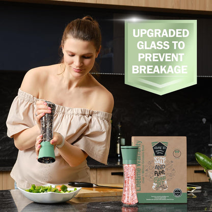 Home EC Premium Stainless Steel Sea Salt and Pepper Grinder Set of 2 - Adjustable Ceramic - Tall Glass Salt and Pepper Shakers - Kitchen Spice Mill W/Funnel & EBook