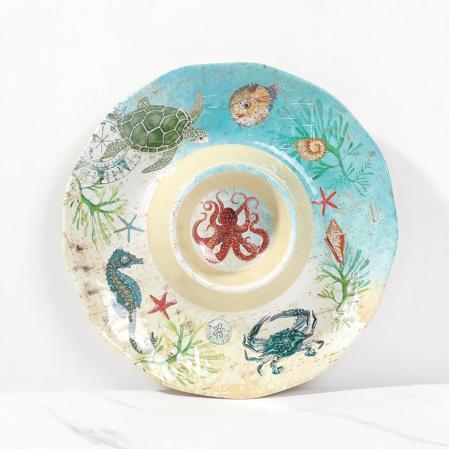 UP Sea Life Melamine Chip and Dip Serving Tray, Round Serving Platter for Chips, Salsa, Fruit, and Snacks, Multicolor, 13.5 Inch