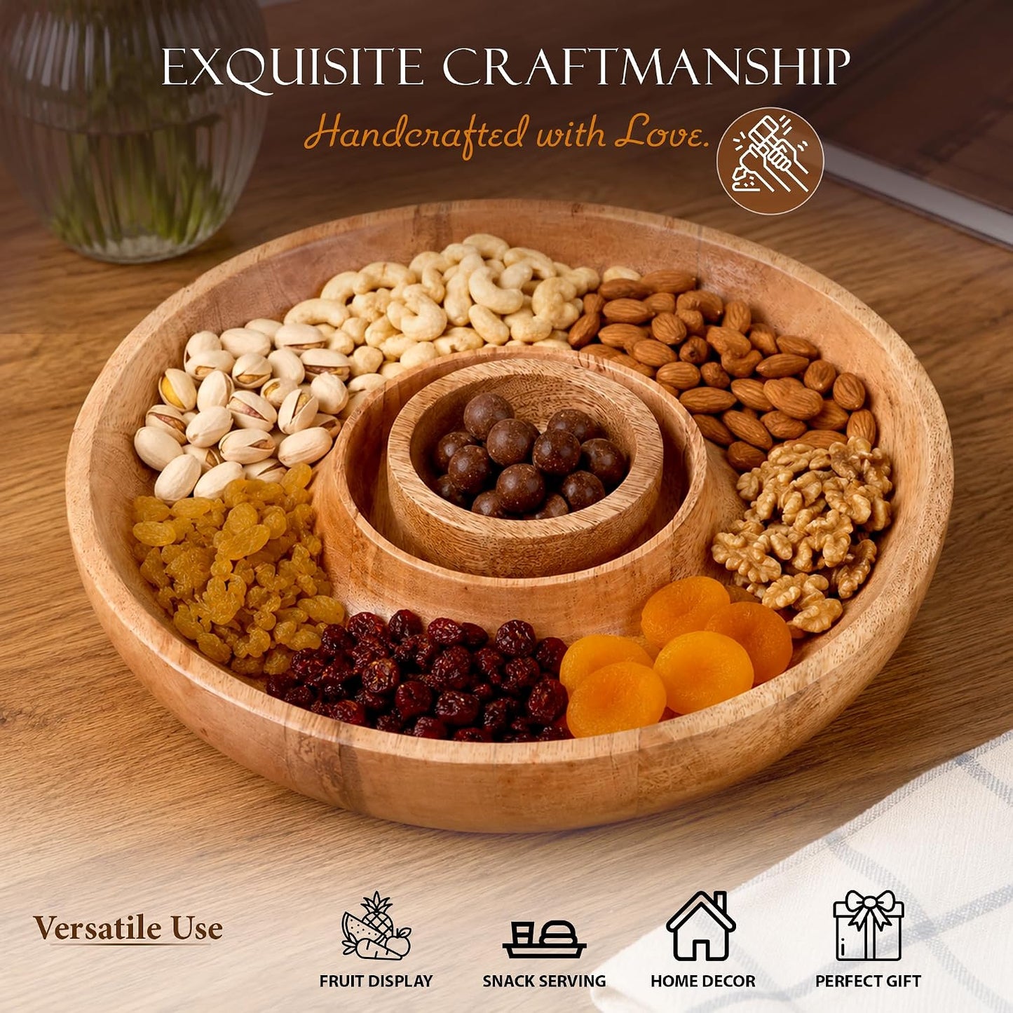 GoCraft Chip and Dip Serving Tray with Center Dip Bowl - Appetizer Platter - Large Party Bowl Set for Chips & Salsa, Snacks, Entertaining, Hosting - Mango Wood, Natural Brown, 11.5 Inch