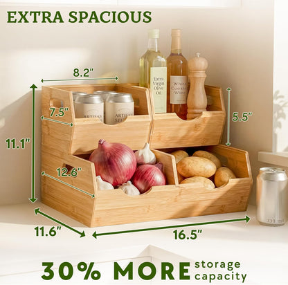 HOMESTEAD 3-Tier Bamboo Pantry Storage Bins – Stackable Potato & Onion Storage Bin with Handles, Fruit Basket & Produce Organizer for Kitchen Countertop, Pantry Organization, Set of 5