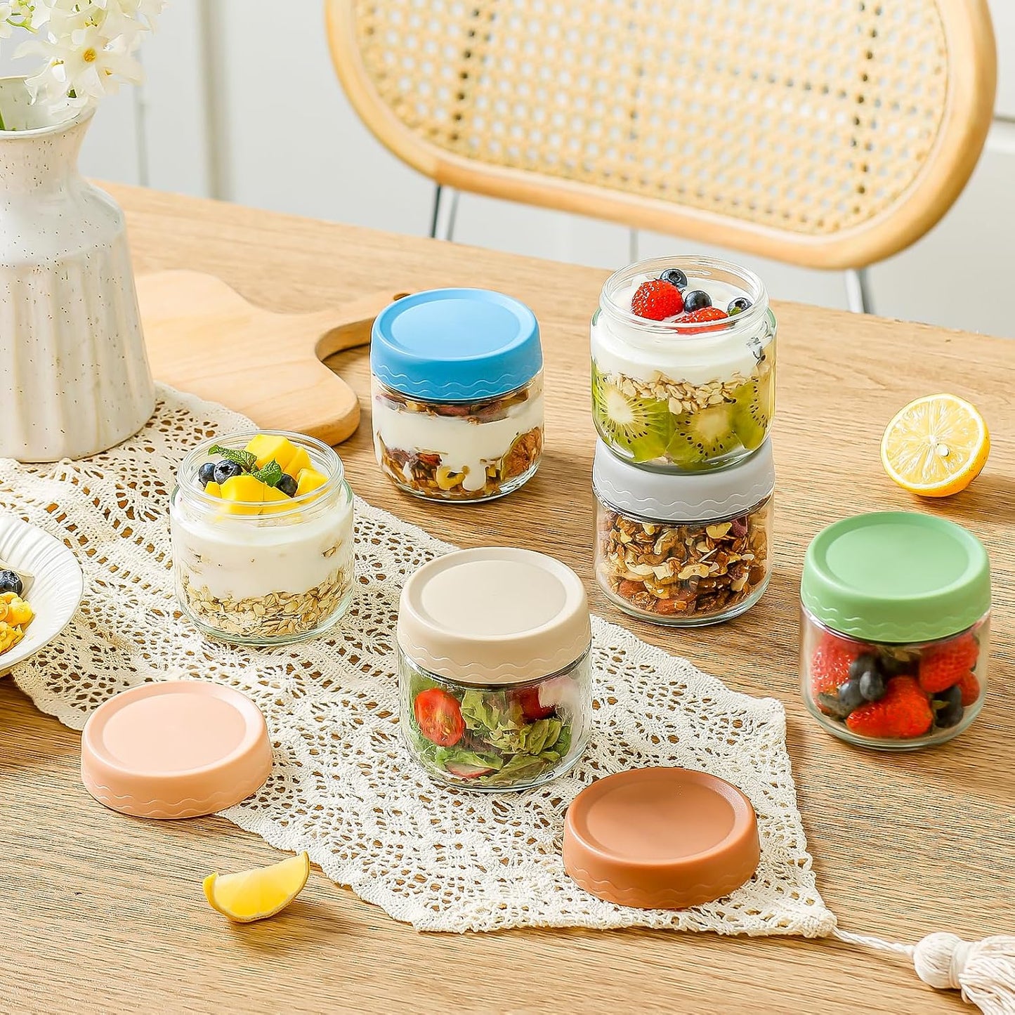 DRKIO 16 Oz Overnight Oats Containers with Lids - 6 Pack Glass Storage Jars with Airtight Lids Wide Mouth Mason Food Jars Great for Meal Prep Salad Chia Pudding Snacks Yogurt Sugar Spice Cereal