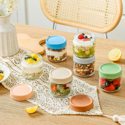 DRKIO 16 Oz Overnight Oats Containers with Lids - 6 Pack Glass Storage Jars with Airtight Lids Wide Mouth Mason Food Jars Great for Meal Prep Salad Chia Pudding Snacks Yogurt Sugar Spice Cereal