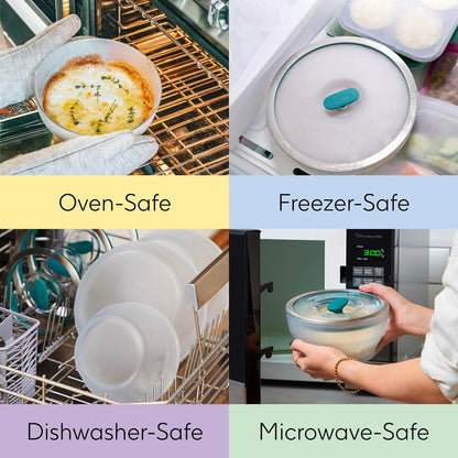 Anyday 4-Cup Shallow Dish & Silicone Clip-On Strainer Bundle | Plastic-Free, BPA-Free Glass Microwave Cookware & Food Storage with Glass Lids (Black Sesame)