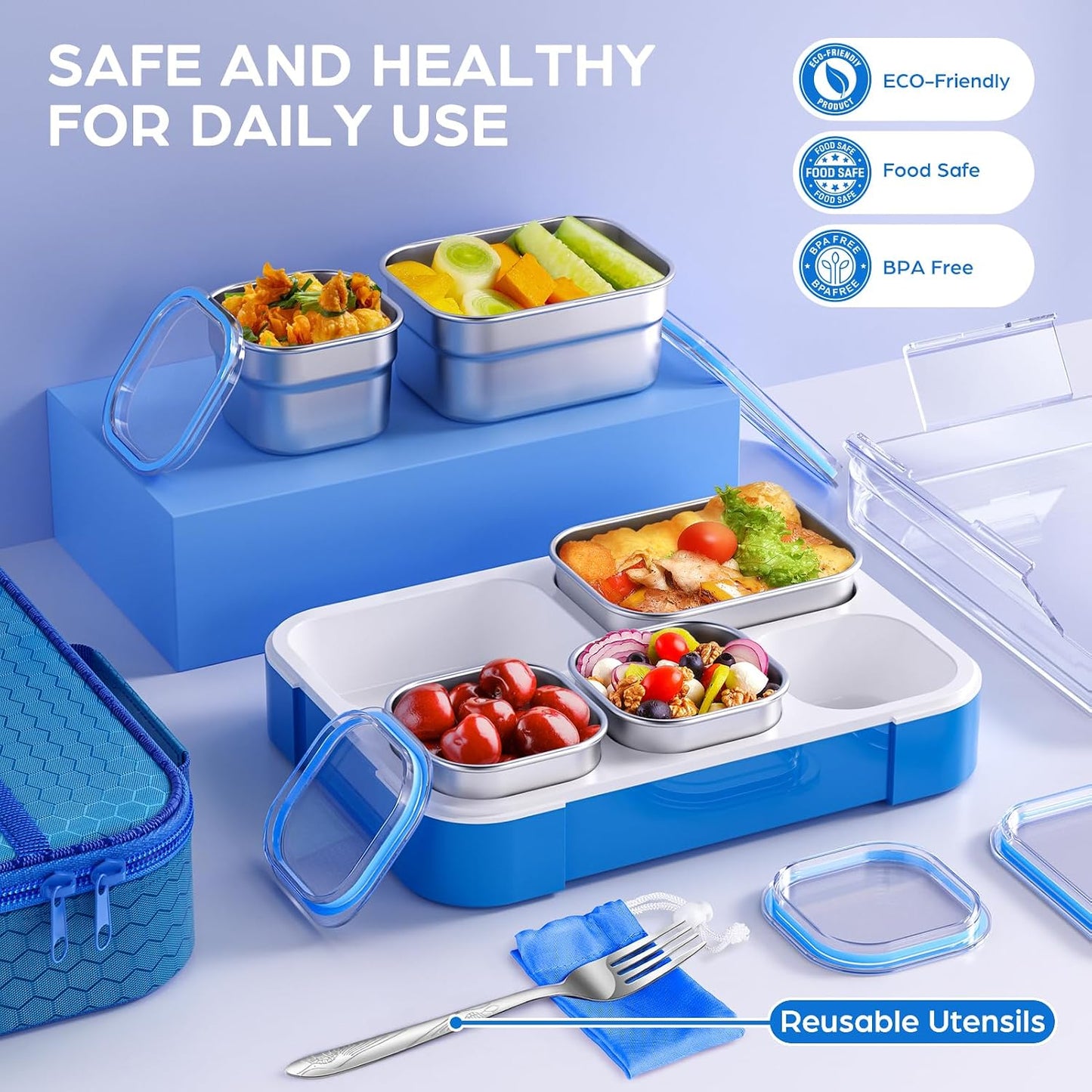 Bento Box Stainless Steel Lunch Box Set with for Lunch Bag Kids Adult 5-Compartment Leakproof Insulated Lunch Containers with Utensils for School Works, Metal Lunchbox Tray BPA-Free (Blue)