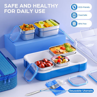 Bento Box Stainless Steel Lunch Box Set with for Lunch Bag Kids Adult 5-Compartment Leakproof Insulated Lunch Containers with Utensils for School Works, Metal Lunchbox Tray BPA-Free (Blue)