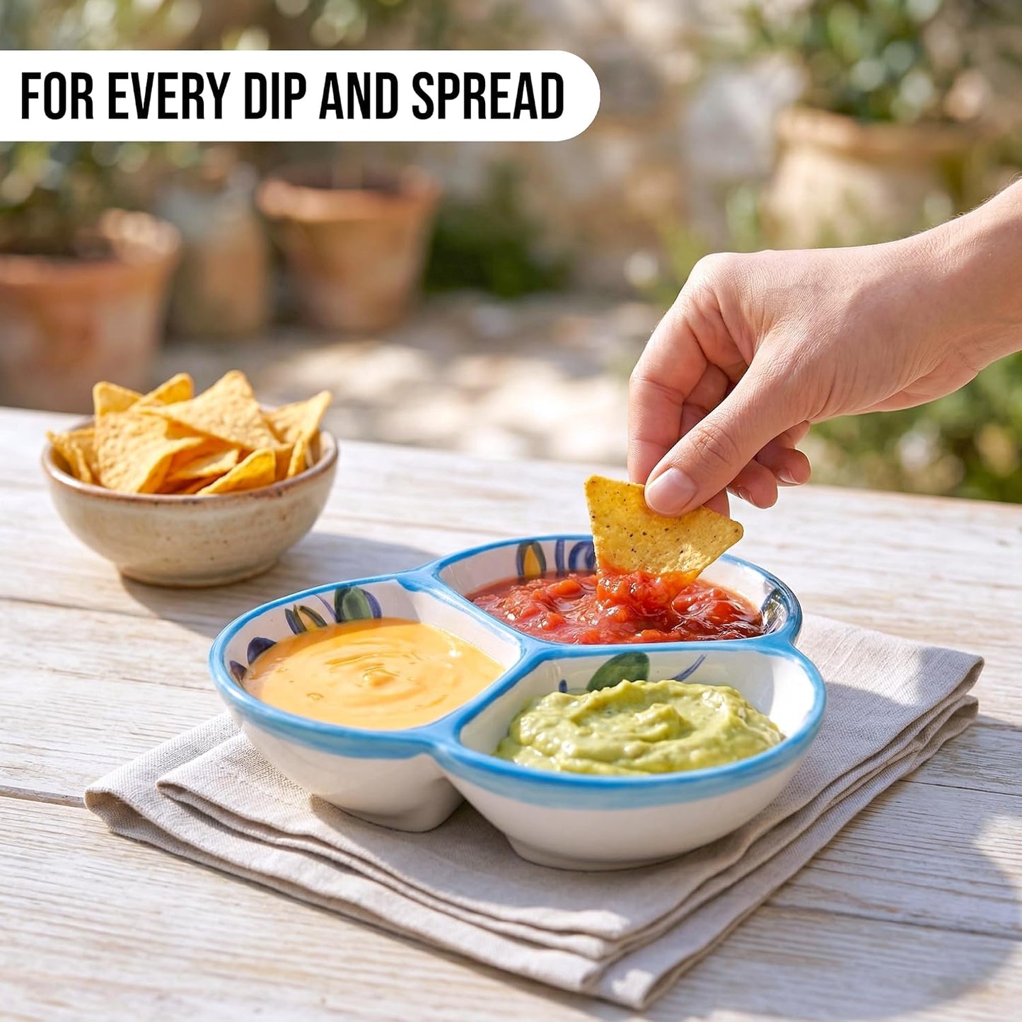 Ceramic Chip & Dip Bowl 7.5”, 3-Compartment Divided Serving Dish & Condiment Tray for Appetizers – Handmade in Spain, Lead-Free Glaze, Microwave, Oven & Dishwasher Safe