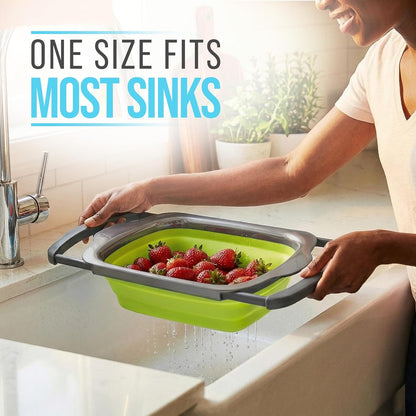 Comfify Coral XL Collapsible Silicone Over Sink Colander – 6 Quart | Coral; extends to 25" to span most sinks hands available; collapses flat; 6 Qt; heat resistant to 176°F; pasta, veg, fruit