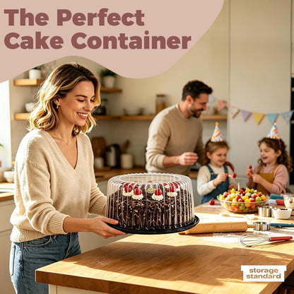 6-Pack Cake Carrier Holder Container for 10 Inch Round Cakes - Plastic Disposable Cake Containers, Take Out Storage w/Clear Dome Lids, Black Base Serving Trays, White Cake Boards, 12 x 5 Inches