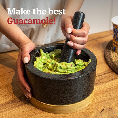 PriorityChef Heavy Duty Mortar and Pestle Set with Bamboo Base, 100% Natural Granite Stone Grinder, Guacamole Bowl and Masher, 1.5 Cups, Black